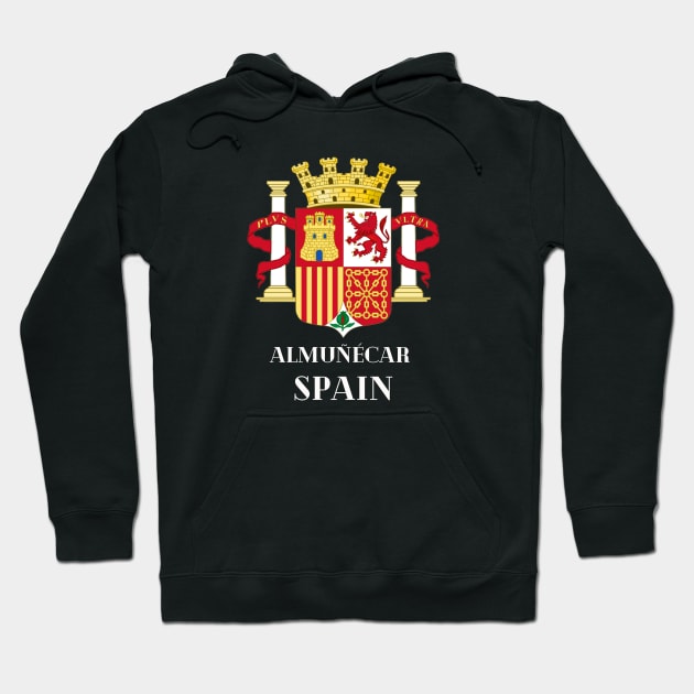 Almuñécar Spain. White text. Gift Ideas For The Spanish Travel Enthusiast. Hoodie by Papilio Art